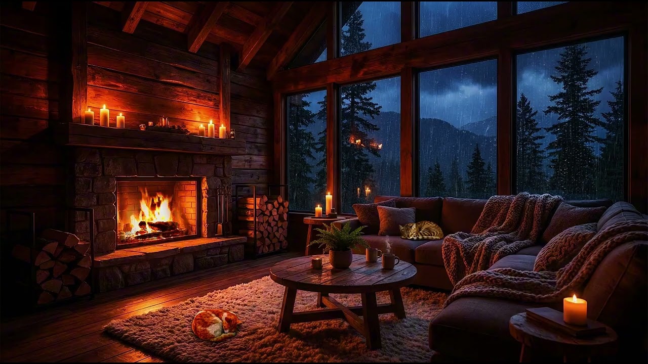 Thunderstorm Over Cozy Cabin at Night | Fireplace, Rain on Windows & Sleeping Pets