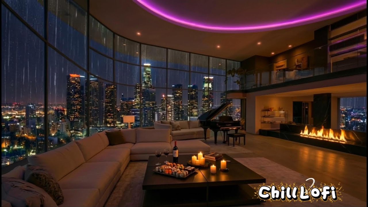 Cozy Rainy Ambience & Fireplace crackling | 90's Lofi playlist to Relax, Study & Sleep