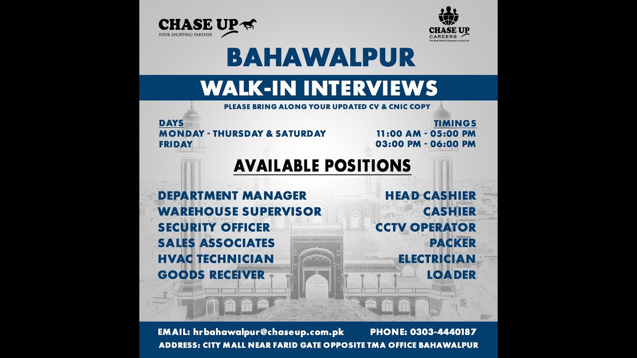 CHASE UP Employment Opportunity for Bahawalpur! JOBS HI JOBS WALK-IN-INTERVIEW?EDU? REQUIRMENTS??