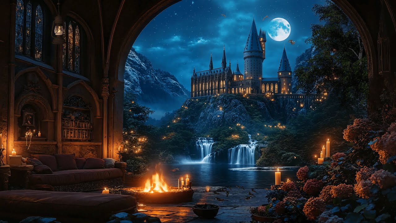 Enchanted Castle by Moonlight – Magical Night Ambience with Fireplace & Waterfalls, Crickets, Owl