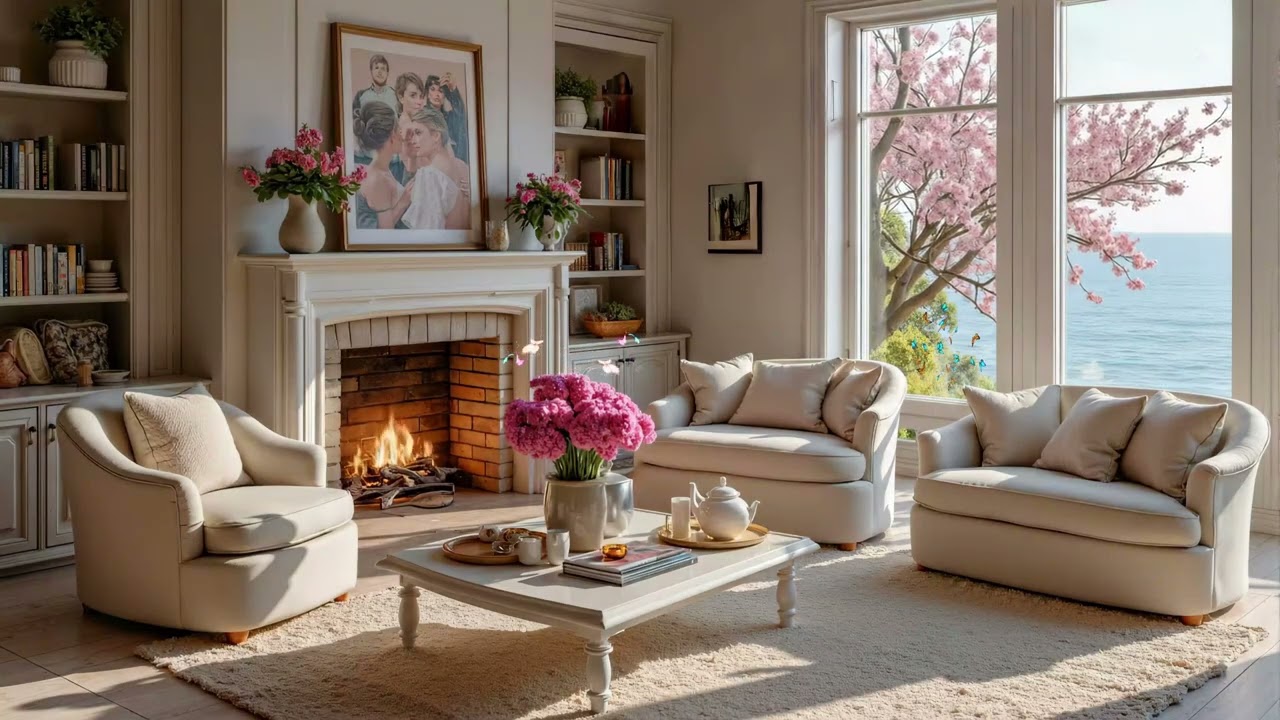 Tranquil Morning Living Room 🌿🎹 Soft Piano Music & Fireplace Sounds for Sleep & Study
