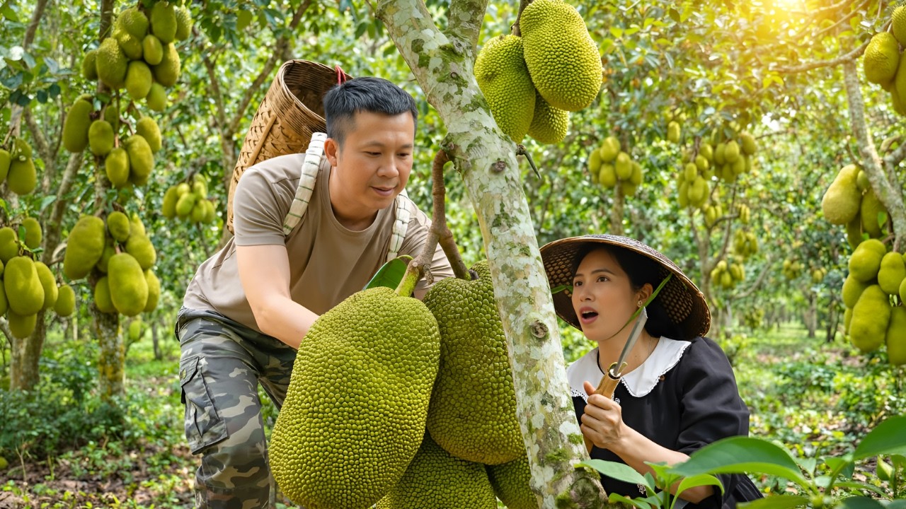 The couple harvests jackfruit to make jackfruit yogurt to sell at the market - Gardening, rural life