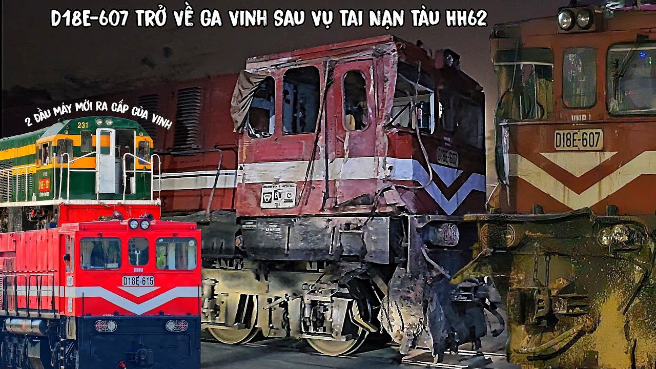 Cận Cảnh Máy D18E-607 (Bị Tai Nạn Nát Mặt) Kép Theo Tàu ASY2 Về Ga Vinh Và Tổng Hợp Các Đoàn Tàu ...