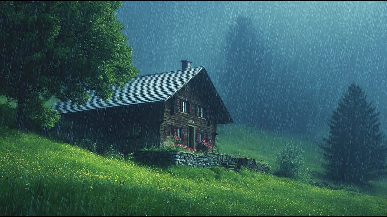 Goodbye Stress to Sleep Instantly with Heavy Rain & Thunder on an Old Roof in Rainforest at Night