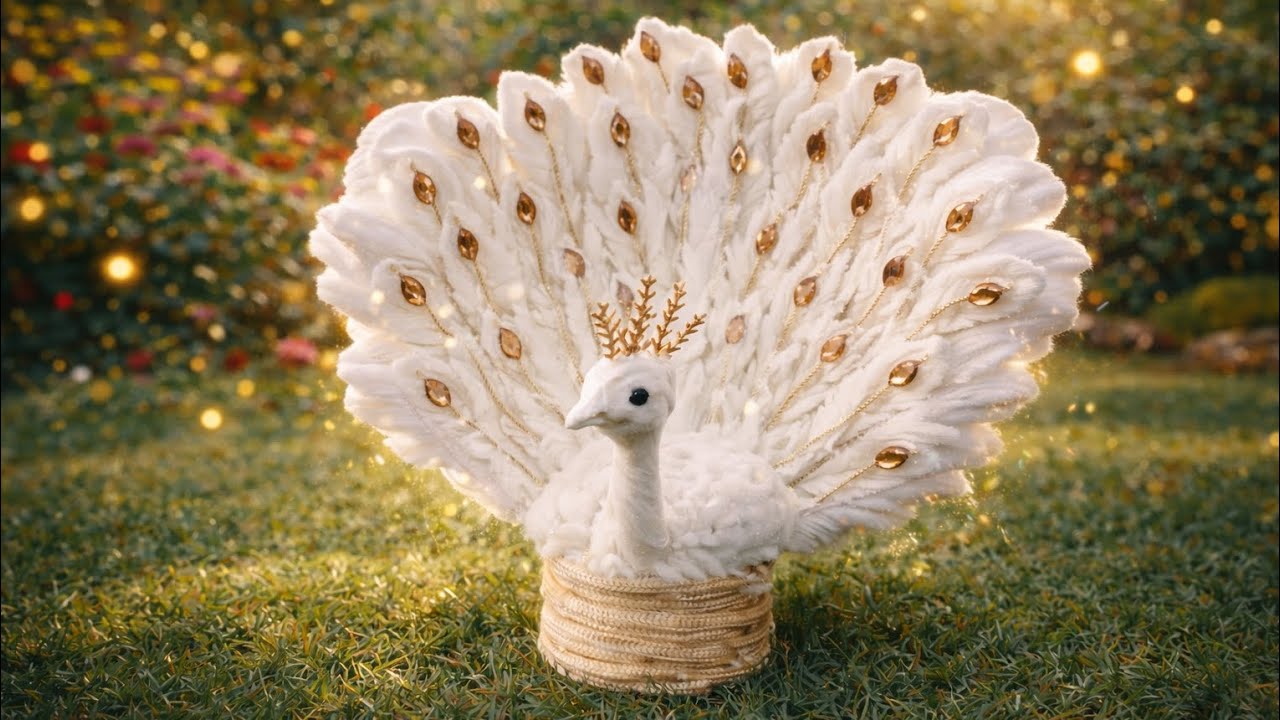 صنعت طاووس أبيض رائع من القطن و قارورة بلاستيكية♻️🦚