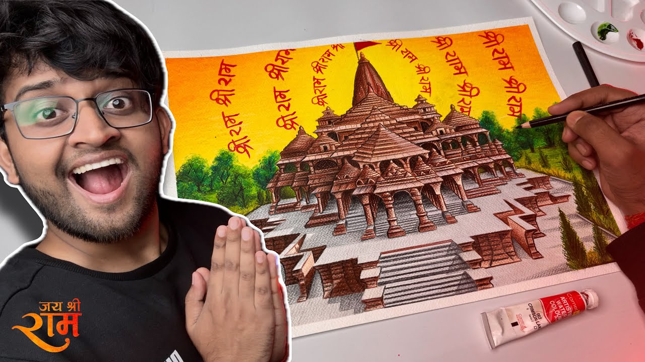 Shree Ram Mandir Drawing,  Colouring Tutorial 😍🚩