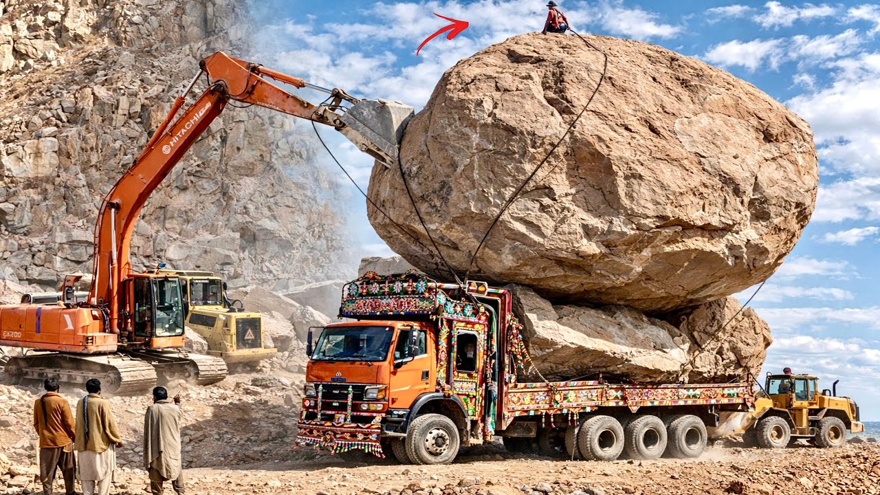Extreme Mountain Rock Truck Loading | Powerful & Dangerous Marble Cutting Process