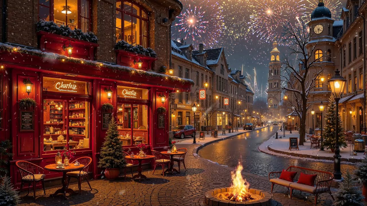 Happy New Year 2026 🎆 Cozy Cafe Vibes with Warm Jazz Relaxing Music & Fireworks for Happy Start