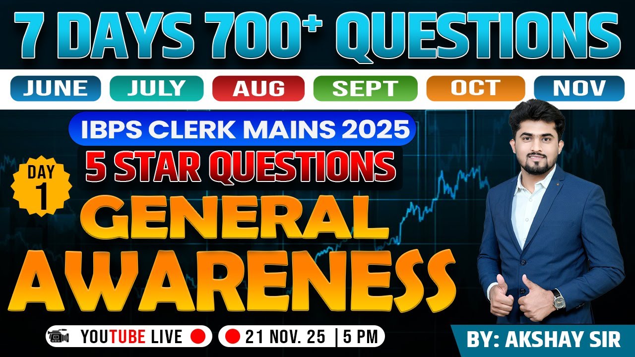 IBPS Clerk Mains 2025 - 7 Days 700 MCQ With detailed explanation General Awareness By Akshay Cholke