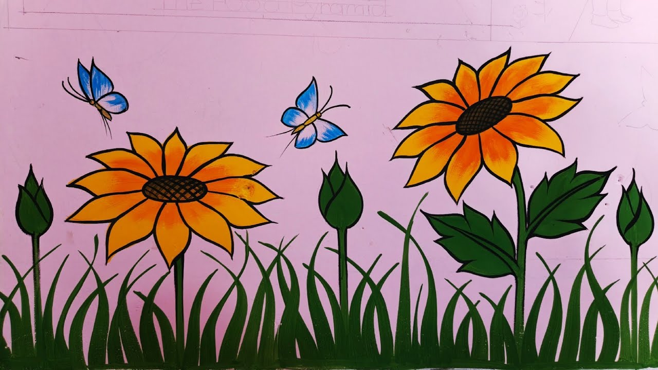 দেওয়াল পেইন্টিং সূর্যমুখী ফুল । Wall painting sunflower & Butterfly.. Easy drawing step by step..