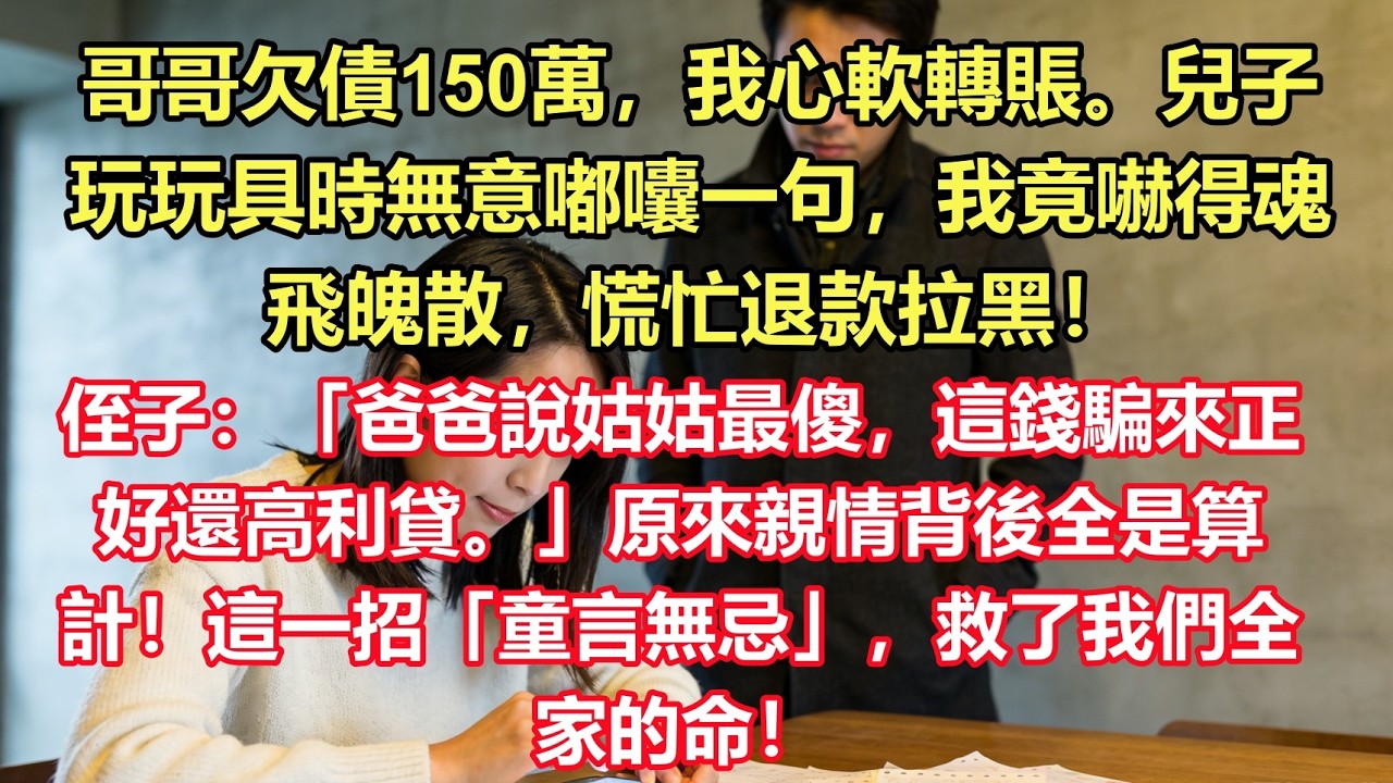 哥哥欠債150萬，我心軟轉賬。兒子玩玩具時無意嘟囔一句，我竟嚇得魂飛魄散，慌忙退款拉黑！侄子：「爸爸說姑姑最傻，這錢騙來正好還高利貸。」原來親情背後全是算計！這一招「童言無忌」，救了我們全家的命！