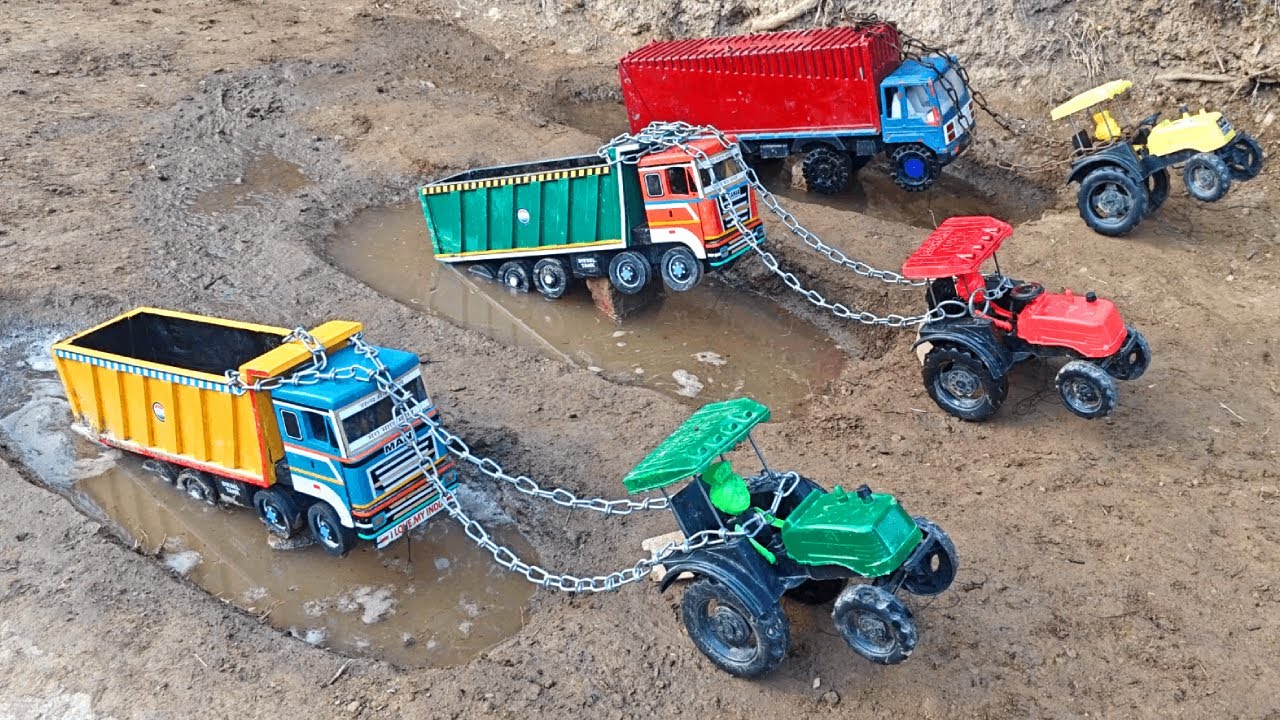 BharatBenz Three New Tipper Truck Stuck in Mud Water Pulling Out By John Deere & Swaraj Tractor