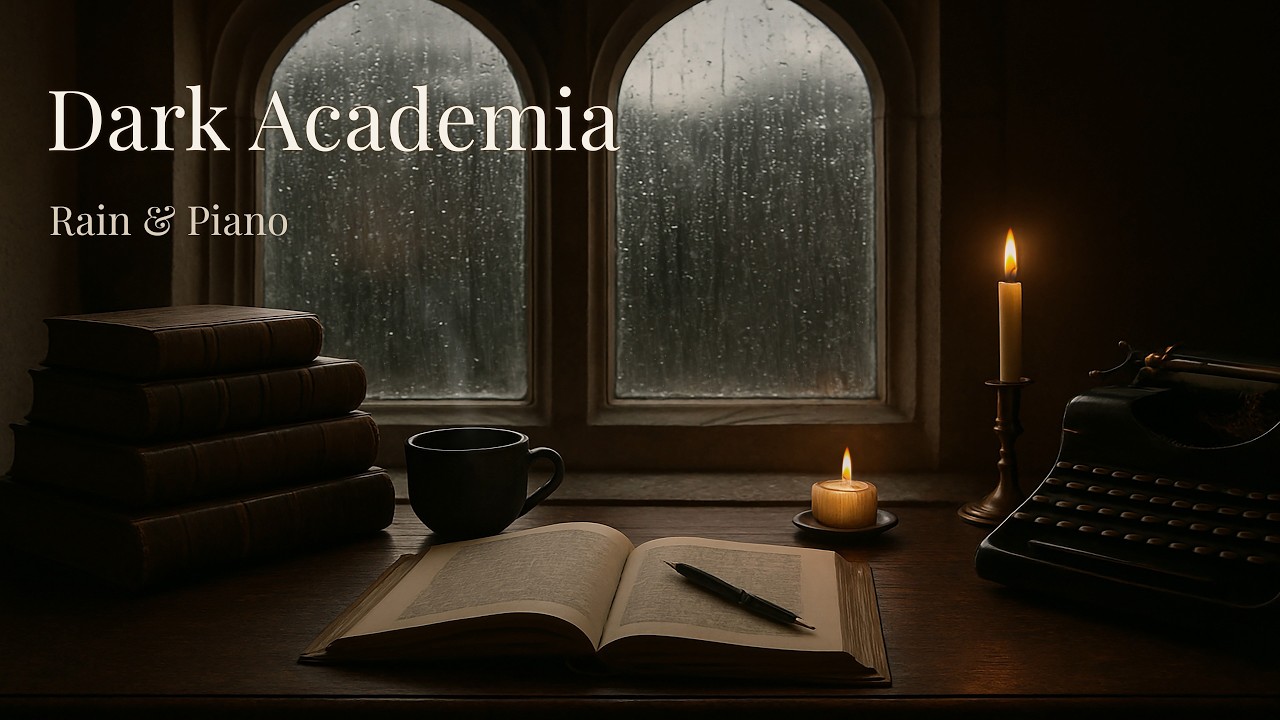 Rainy Dark Academia Study Ambience – Library Window, Candlelight, Soft Piano & Rain Relax & Focus
