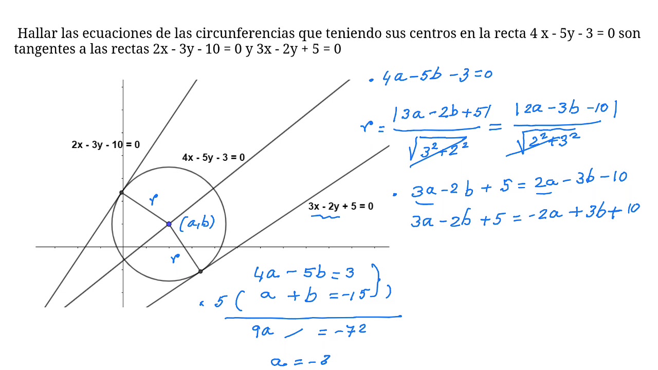 Circunferencia con centro sobre una recta y tangente a otras dos rectas