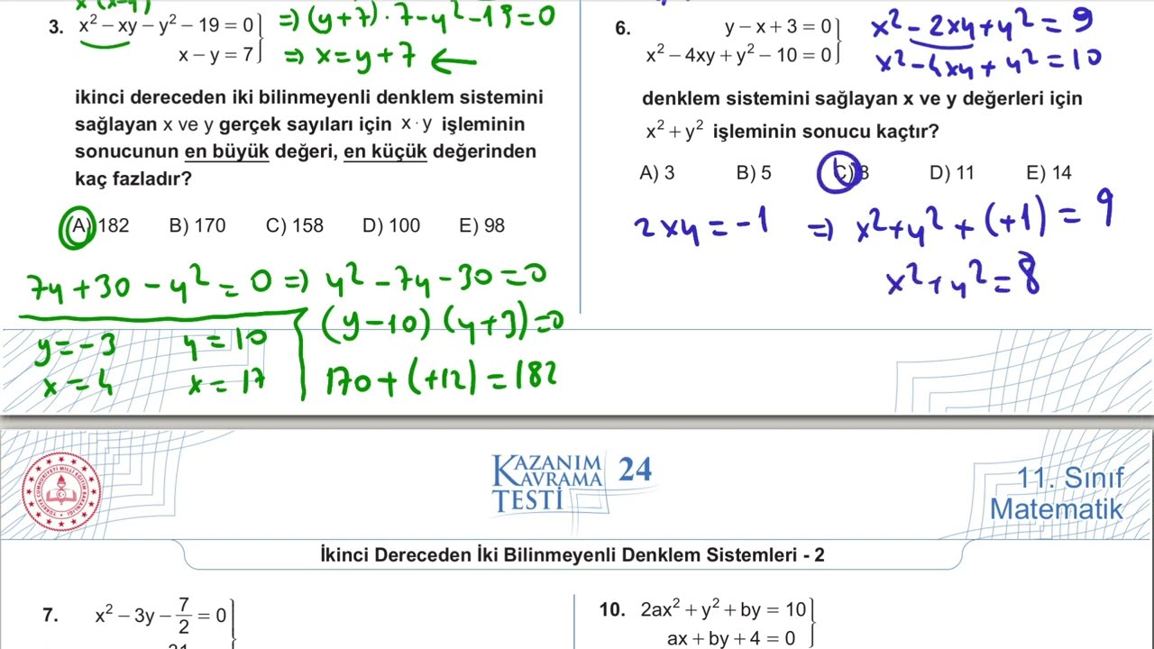 11. Sınıf Matematik Kazanım Kavrama Test 24 (İkinci Dereceden İki Bilinmeyenli Denklemler) Çözümler