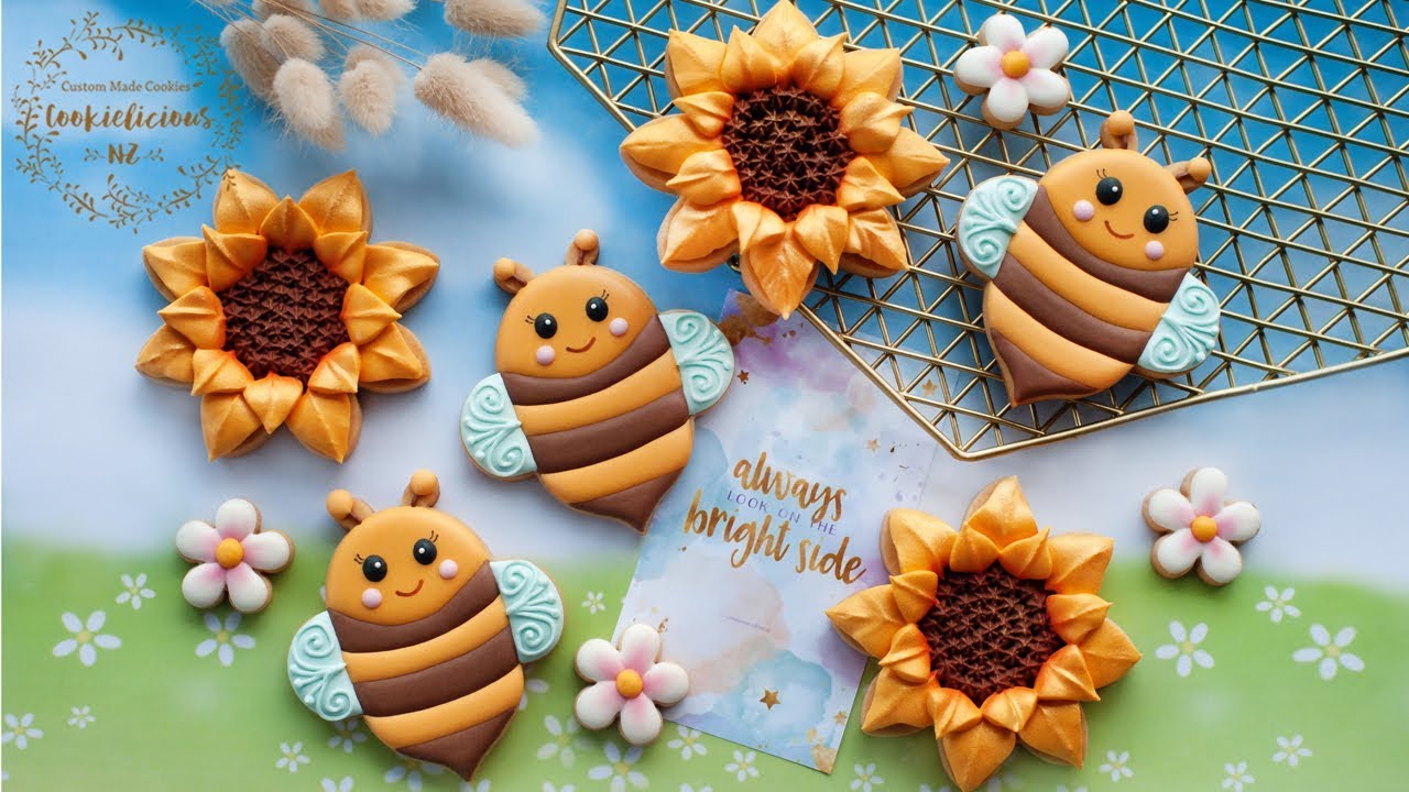 How to make Cute BUMBLE BEE & SUNFLOWER COOKIES - Piped sunflower technique