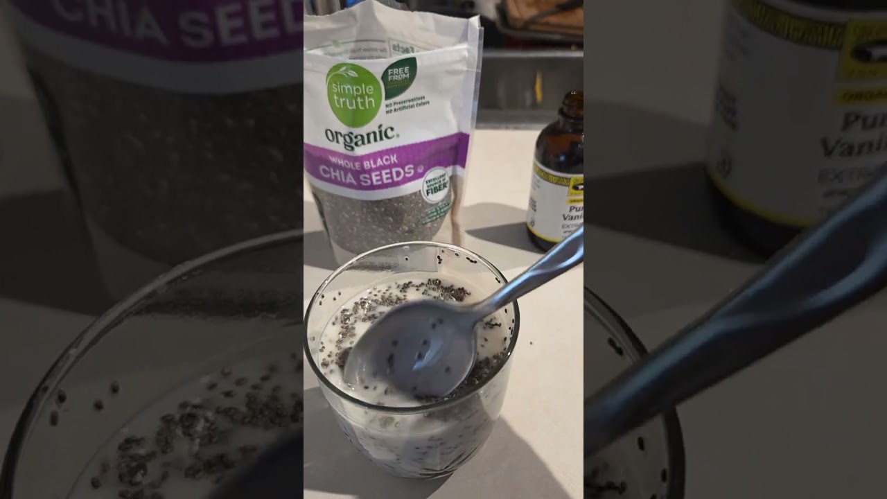 Preparing healthy desserts for Sunday. Chia seeds pudding. 