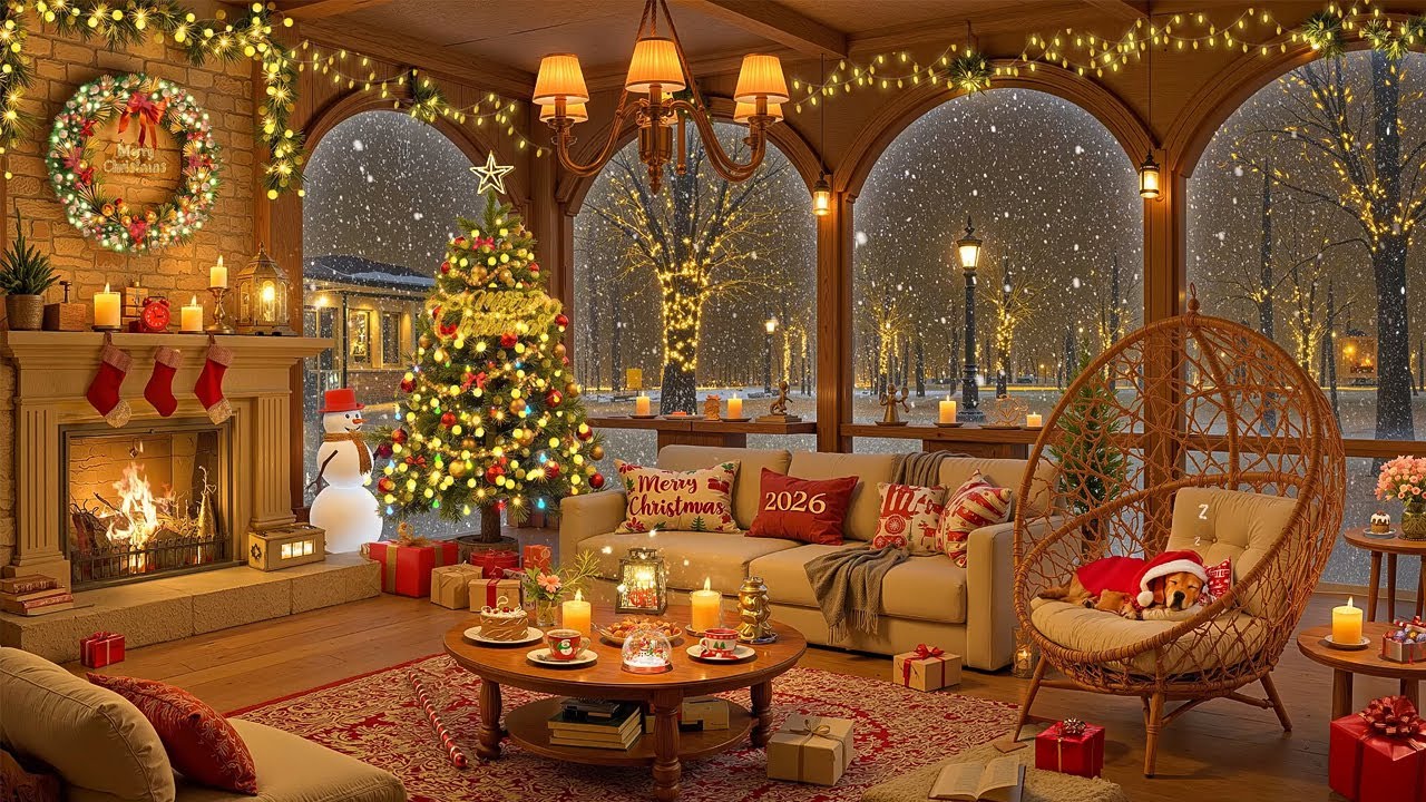 Soft Christmas Jazz Music 🎅 Cozy Corner Ambience with Fireplace Crackles & Falling Snow for Unwind