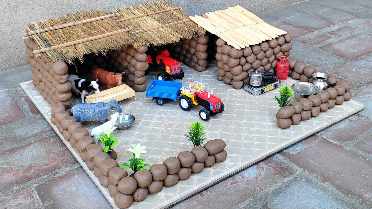 How to make mini clay house | mini cow shed | mud house 🏠 | mini tractor | mini kitchen set |