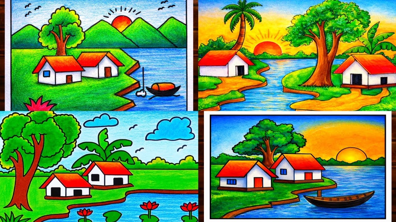Nature scenery drawing for Beginners | Easy scenery drawing for competition |Village scenery drawing