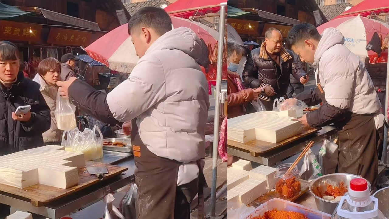The stall sells tofu, which is freshly made and sold on January 25st.