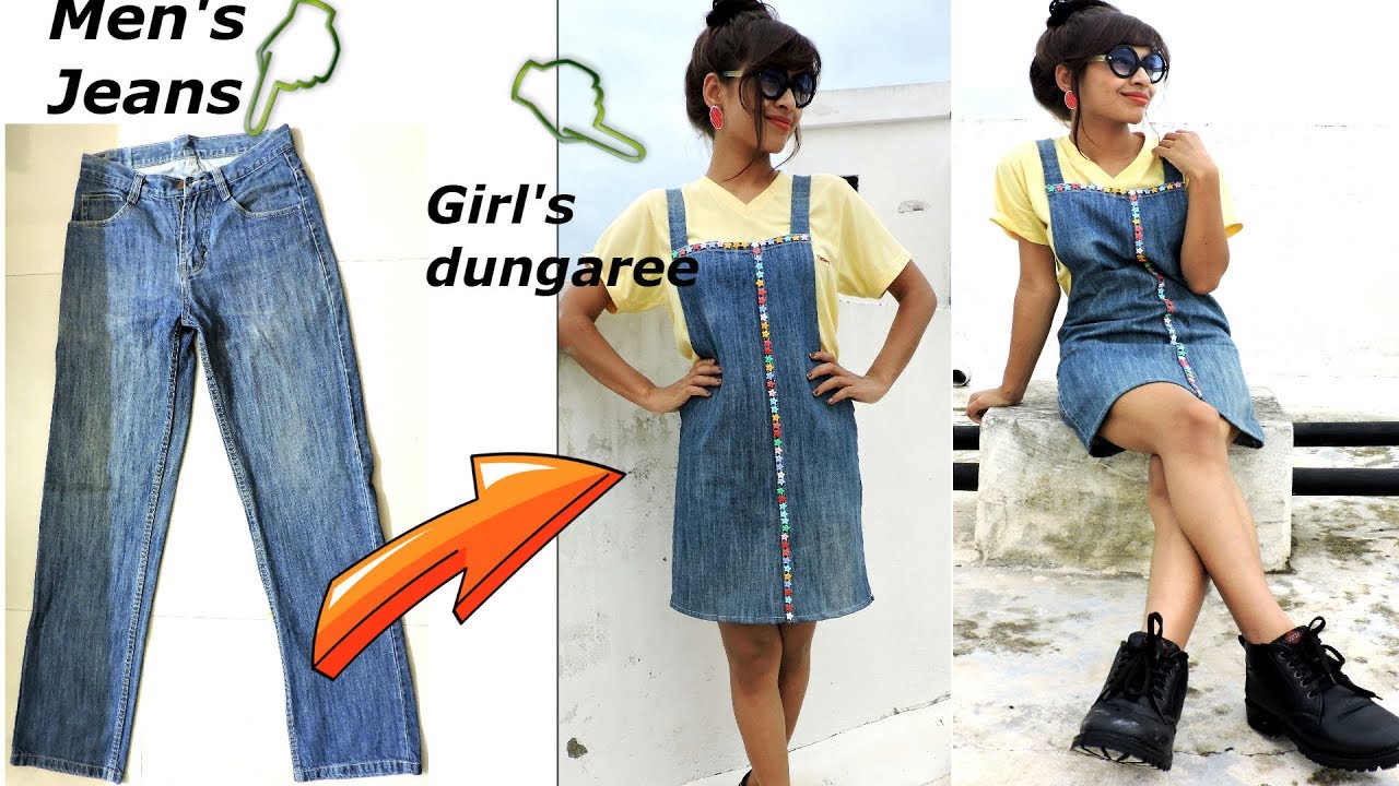 DIY: Convert/Reuse old Men's Jeans into girls DUNGAREE DRESS/ DUNGAREE SKIRT