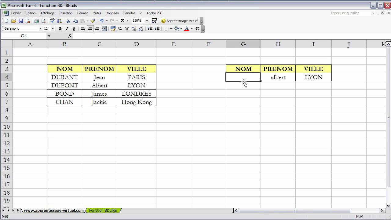 La fonction BDLIRE sur EXCEL