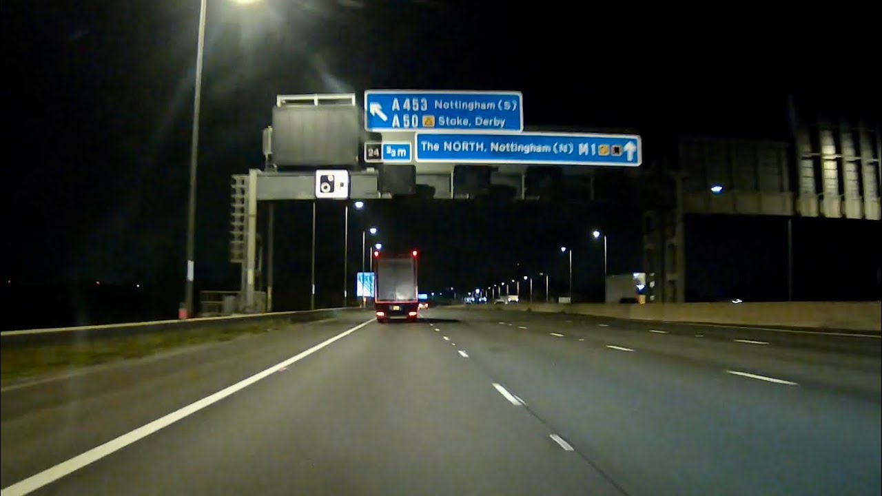 Exiting the M1 motorway northbound at night, J24 Kegworth Interchange - 19/12/23 // dashcam footage