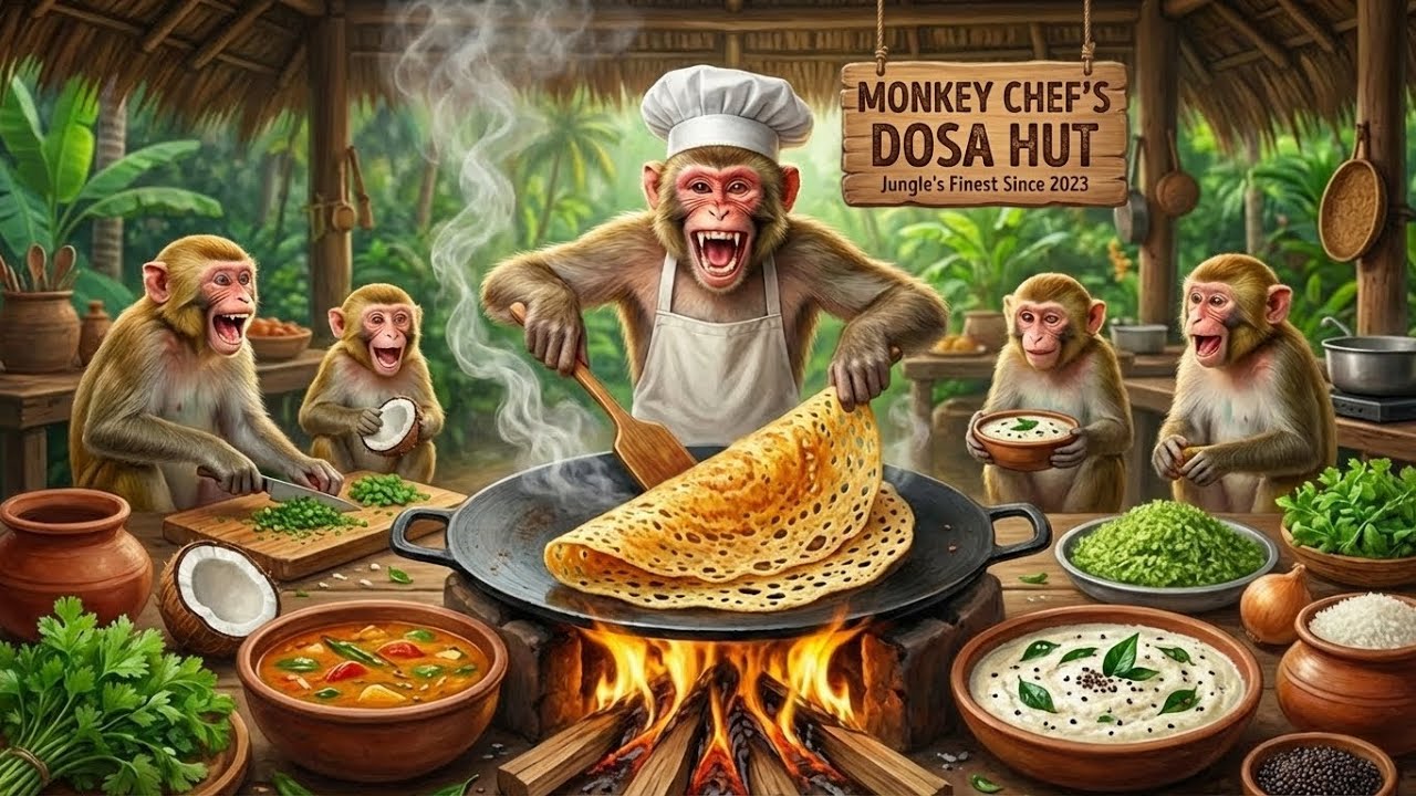 Monkey Chef Fries Spicy Crispy Dosa with Coconut Chutney #MasalaVada #MonkeyChef #TraditionalCooking