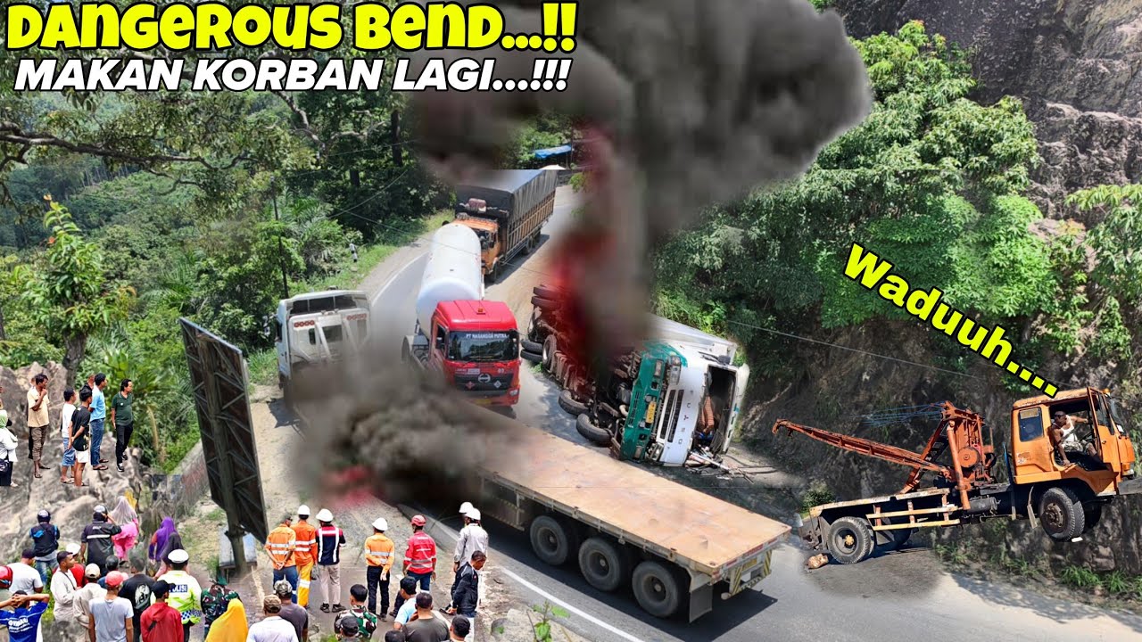 ASTAGA...INSIDEN TRUK  TERGULING DI TIKUNGAN EKSTRIM,TRUK DEREK SAMPAI MASUK PARET & JUMPING