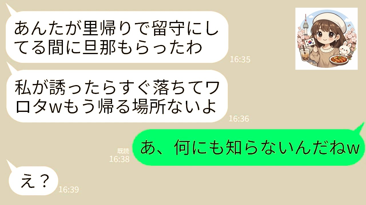 【LINE】私の里帰り出産中に弁護士の夫と家を奪った隣家の女「彼、あんたと離婚するってwガキと2人で貧乏に生きてけ」→私「あ、何にも知らないんだねw」女「え？」