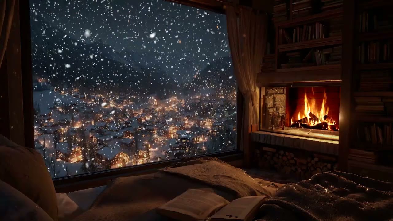 Snowfall Cabin Night | Warm Firelight and Christmas Winter Ambience for Comfort, Deep Sleep & Relax