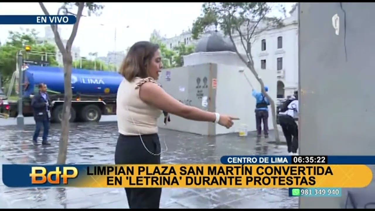 Realizan trabajos de limpieza en Plaza San Martín convertida en “letrina” durante protestas