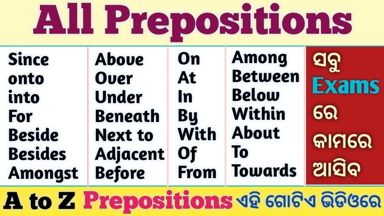 All prepositions - Since For Into Onto On At By etc... / Preposition in English Grammar in Odia