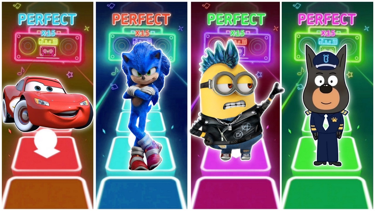 McQueen vs Sonic vs Minions vs Sheriff Labrador in Tiles Hop EDM Rush🎶