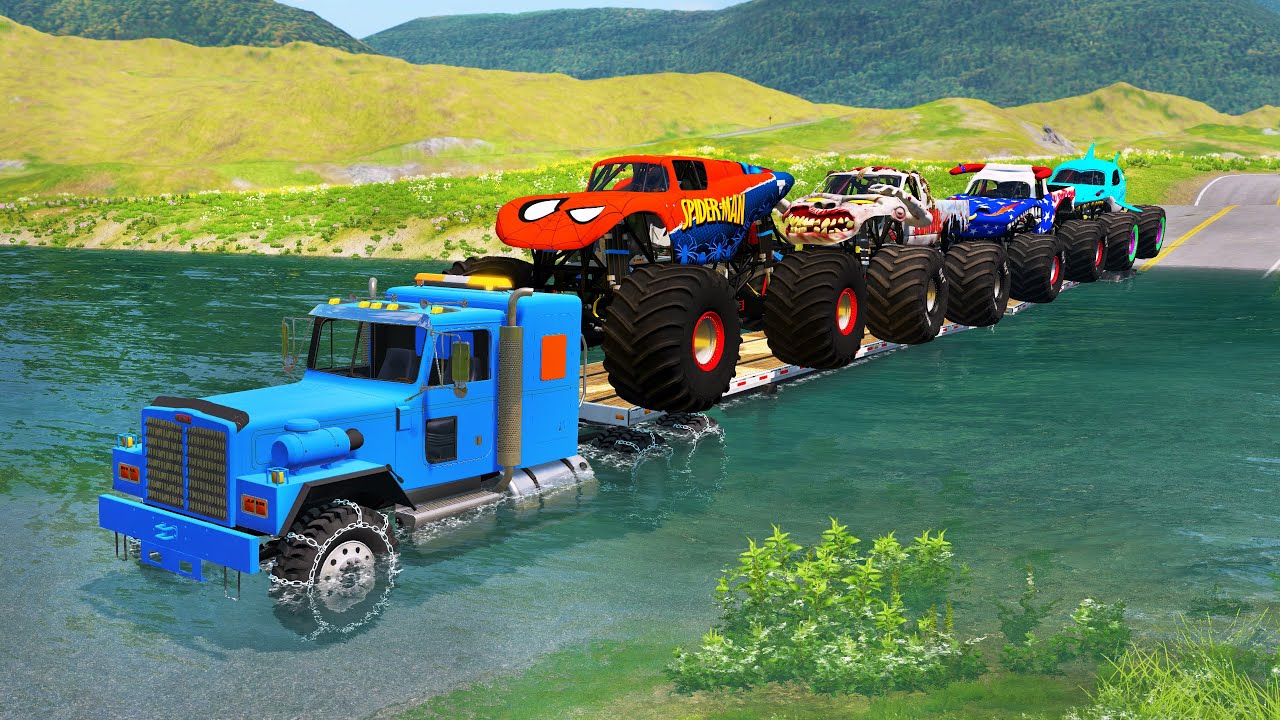 Double Flatbed Trailer Truck Rescue Monster Trucks vs Deep Water - BeamNG.drive 023