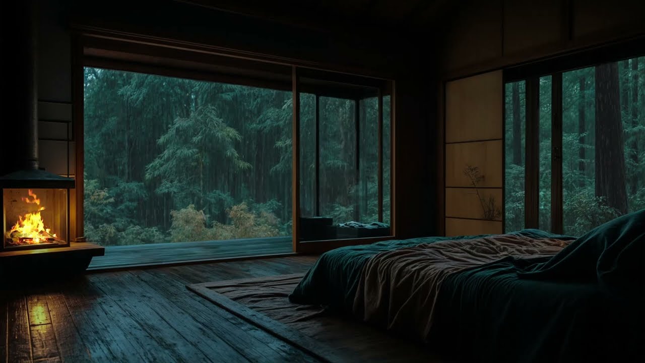 Rainy Forest Cabin Bedroom with Fireplace | Cozy Night Ambience for Deep Sleep & Relaxation 🔥