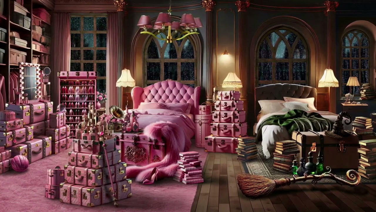 Magic School Pink & Green Dormitory Room Rain Sound On Window with Thunder Sounds for Sleep