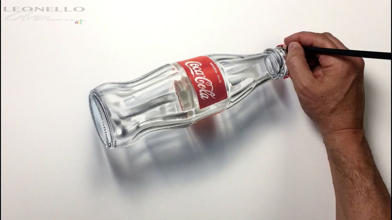 Drawing an empty glass bottle of Coca-Cola, 3D art| Leonello Calvetti