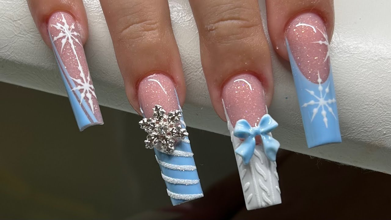 Long Sweater Nail French Snowflake Bow Charm Acrylic Nails