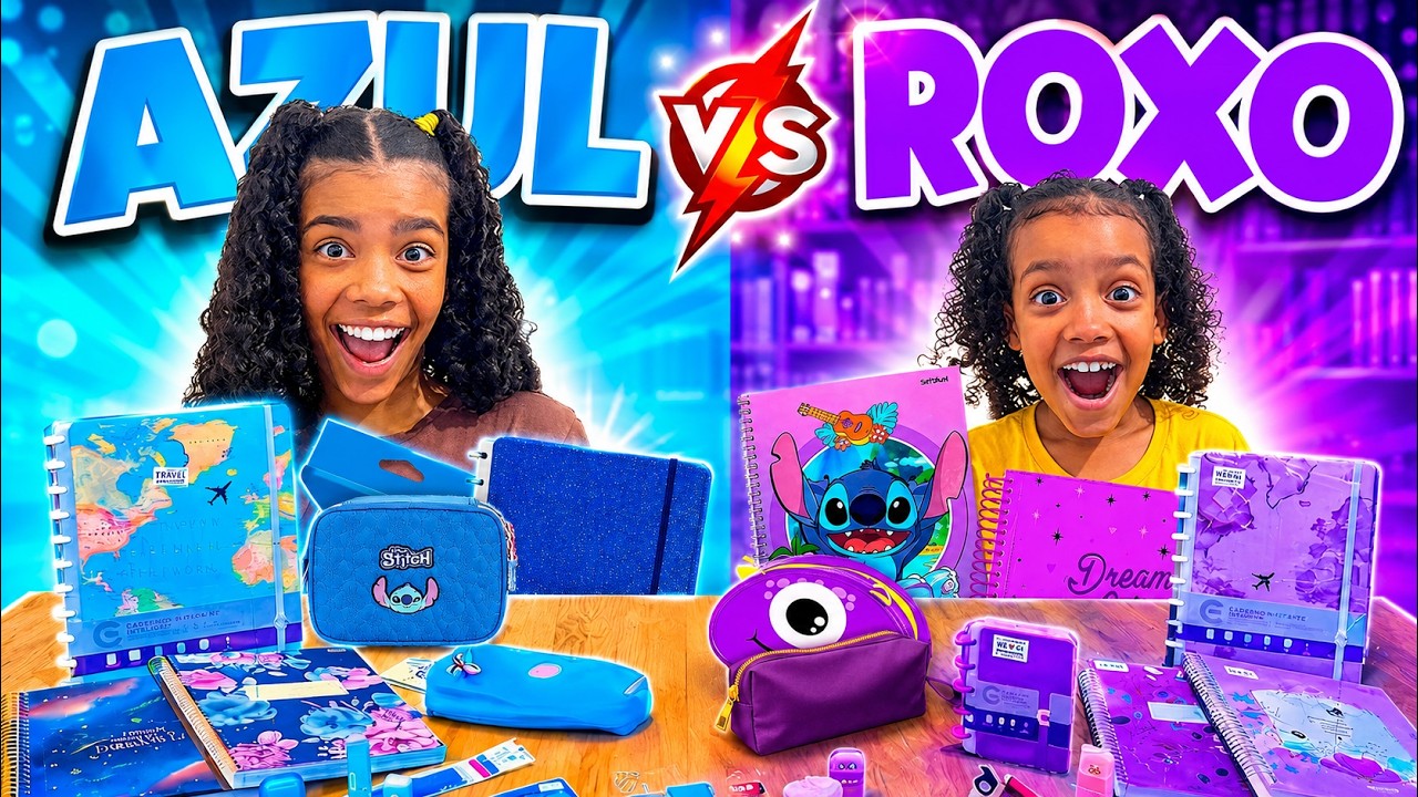 DESAFIO DO MATERIAL ESCOLAR COR ROXO VS AZUL  * Quem ganhou?📚✏️📏✂️