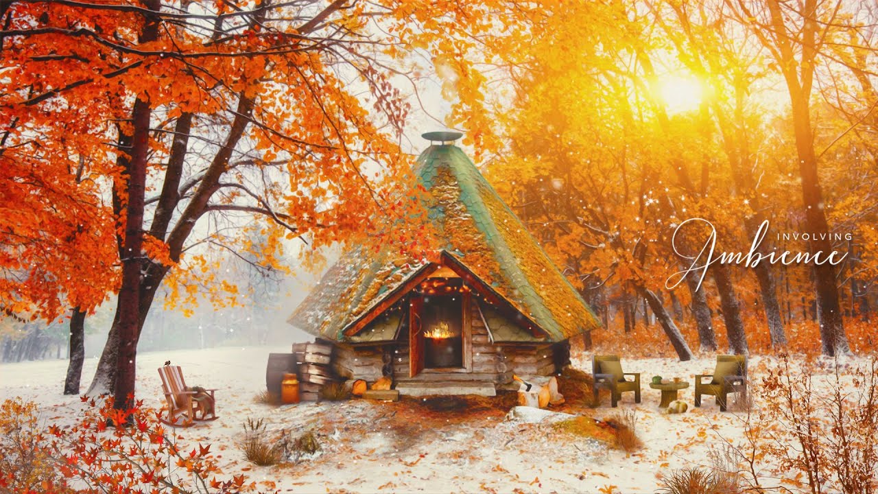First Snow ASMR Ambience❄️Late Autumn🍁Forest Cabin Ambience with Soft Snowfall, Fire, Nature Sounds