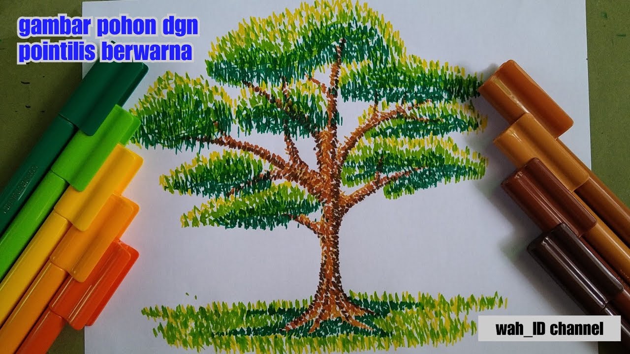 contoh gambar pohon dgn teknik pointilis || gambar pointilis menggunakan 