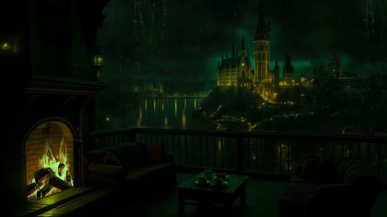 Quiet Castle Night with Rain Sounds (No Ads)🌧️🔥Warm Fire & Gentle Thunder for Sleep and Mind Healing