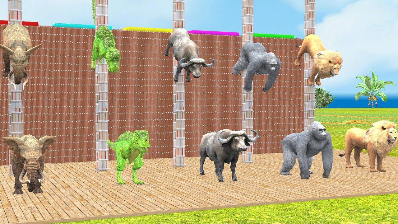 Elephant,T-Rex,Bull,Gorilla,Lion,Paint Wild Animals Crossing Fountain Animation