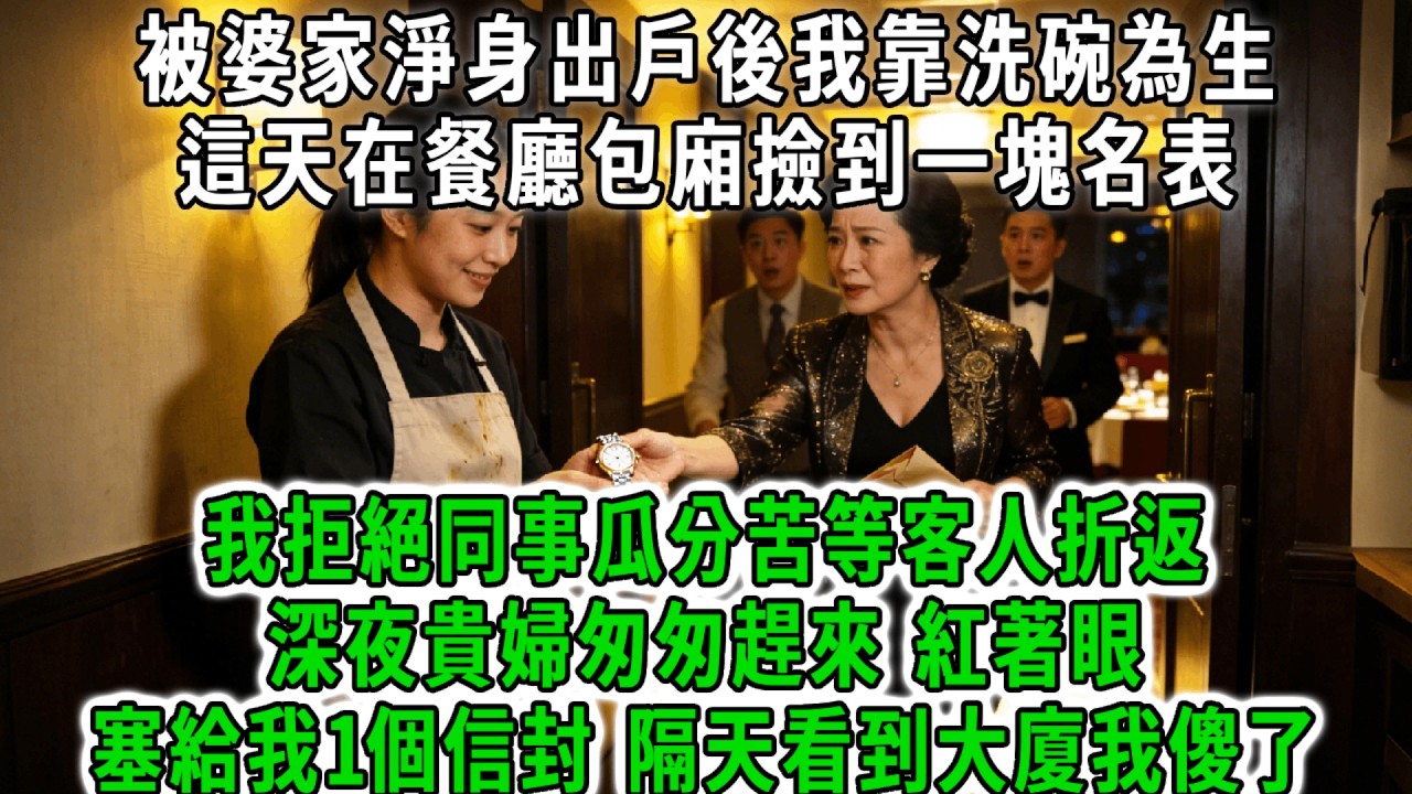 被婆家淨身出戶後我靠洗碗為生，這天在餐廳包廂撿到一塊名表，我拒絕同事瓜分苦等客人折返。深夜貴婦匆匆趕來，紅著眼眶塞給我一個信封讓我明天去報到，隔天我看著地址上的大廈倒吸一口涼氣！#荷上清風 #爽文