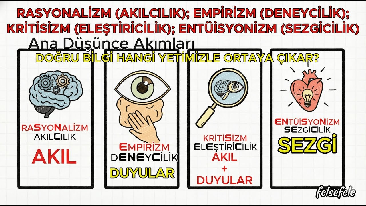 Rasyonalizm (Akılcılık);Empirizm (Deneycilik);Kritisizm (Eleştiricilik);  Ent&uuml;isyonizm (Sezgicilik)