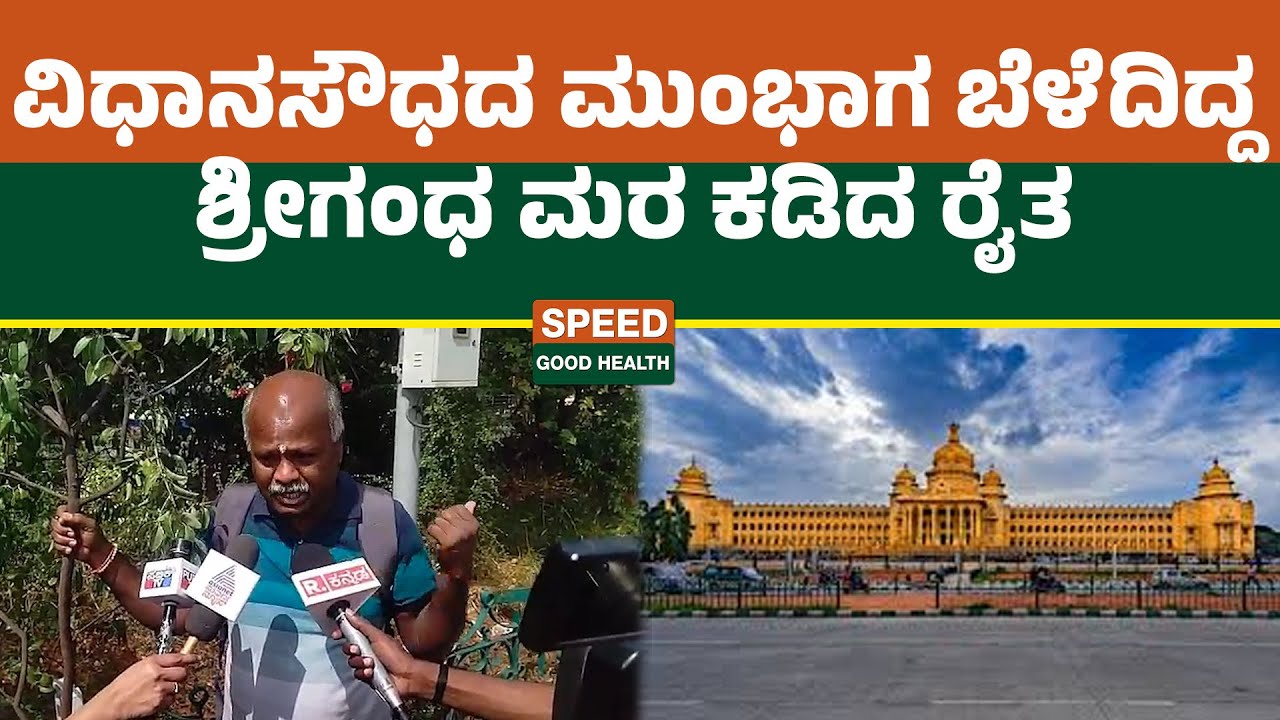 Vidhana Soudha Farmers Protest | ವಿಧಾನಸೌಧದ ಮುಂಭಾಗ ಬೆಳೆದಿದ್ದ ಶ್ರೀಗಂಧ ಮರ ಕಡಿದ ರೈತ | Speednewskannada