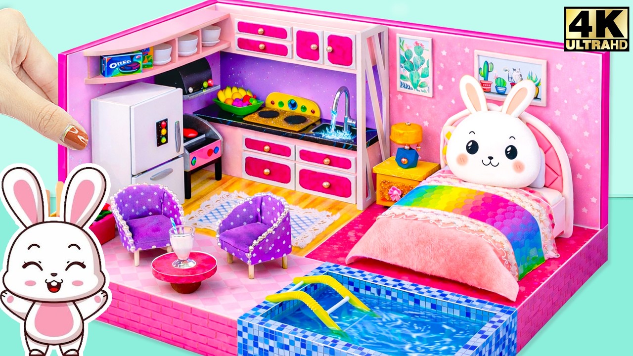 Make a Hidden Bunny House with Secret Kitchen, Cozy Bunk Bed & Indoor Pool ❤️ DIY Miniature House