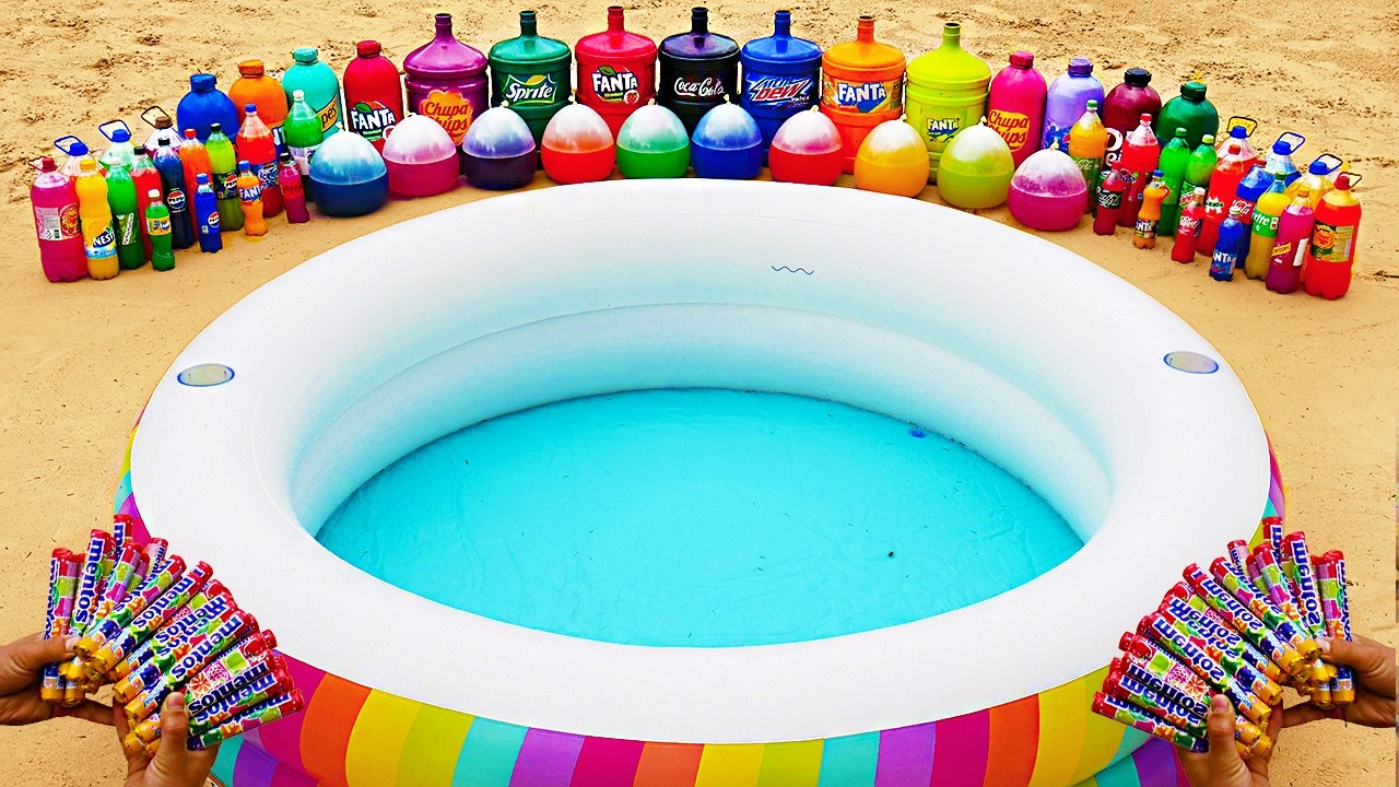Water Slide Experiment: Giant Eruption from Rainbow Big Pool, Giant Coca Cola, Fanta vs Mentos